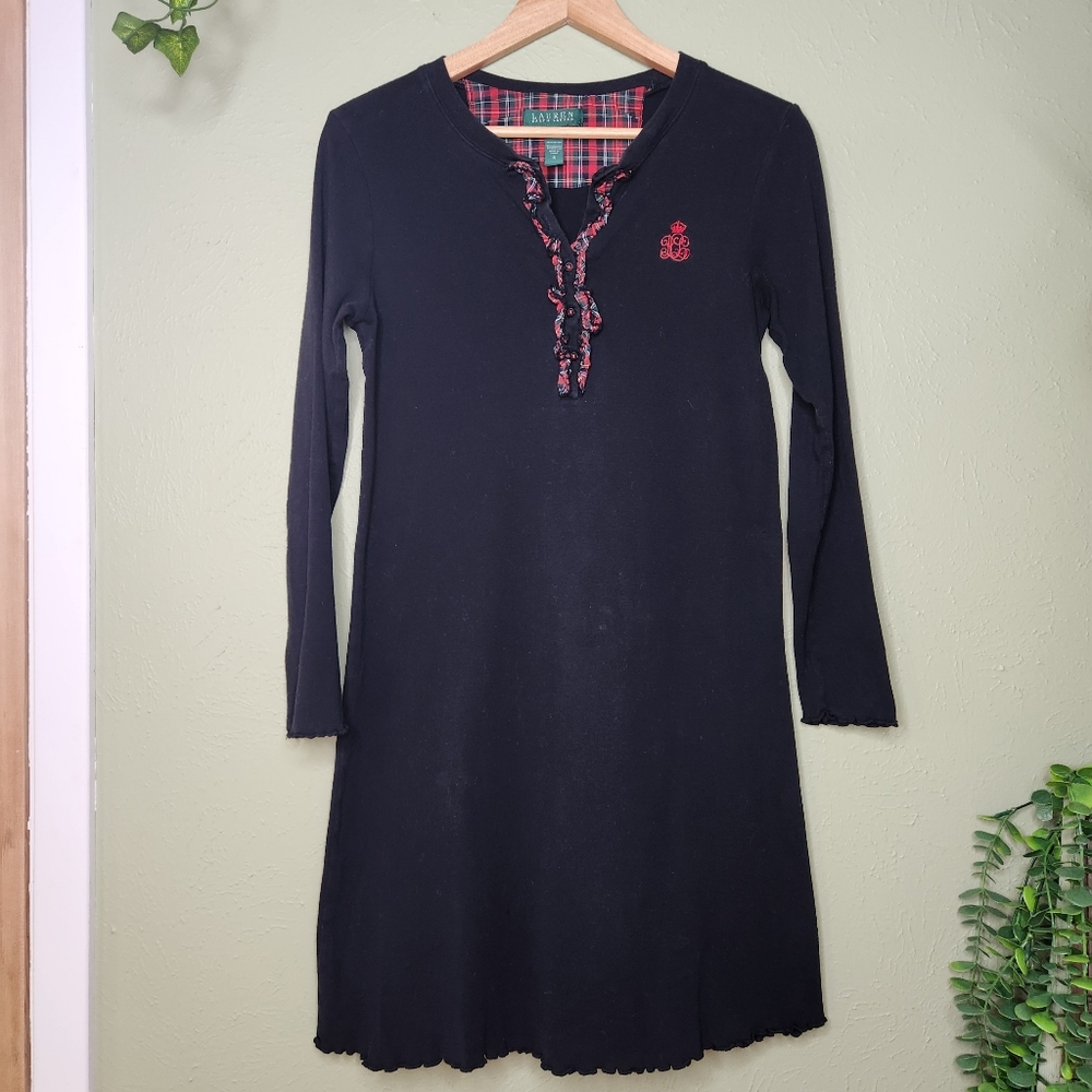 Lauren Ralph Lauren Black Red Ruffle Plaid Trim Long Sleeve Knit Dress Small Y2K
